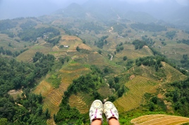 Looking over the edge into a valley of rice terraces